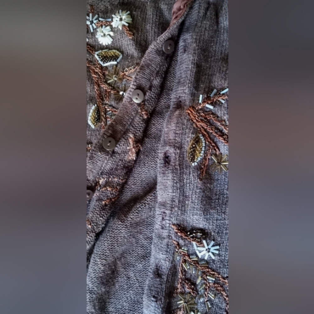 TIARA International Rich Brown Beads Embroidery Velvet Facing Cardigan-Size: M - Picture 4 of 15